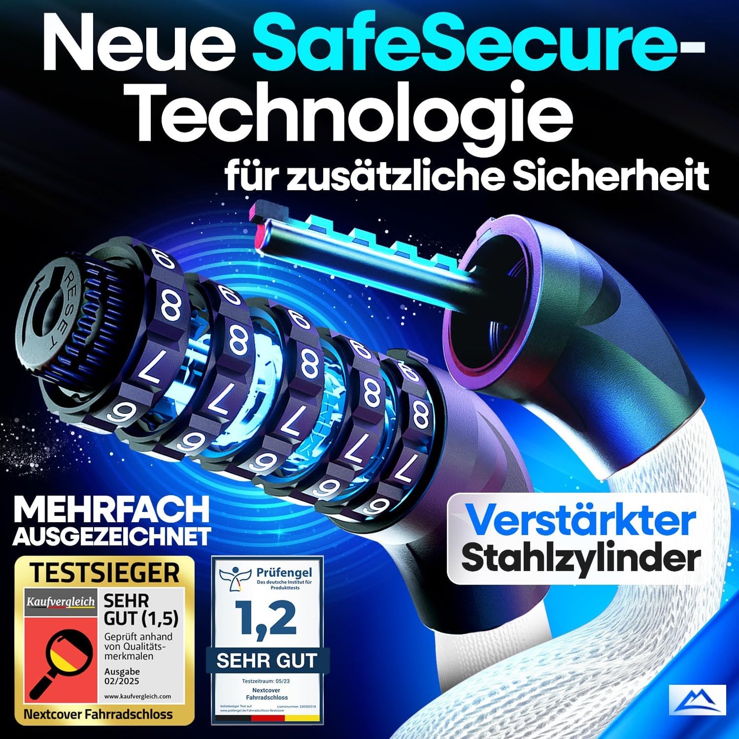 NEXTCOVER® Cadenas pour vélo LockOne avec code de combinaison I - Cadenas à combinaison [SAFESECURE] - Très robuste - 90 cm de long - Réfléchissant