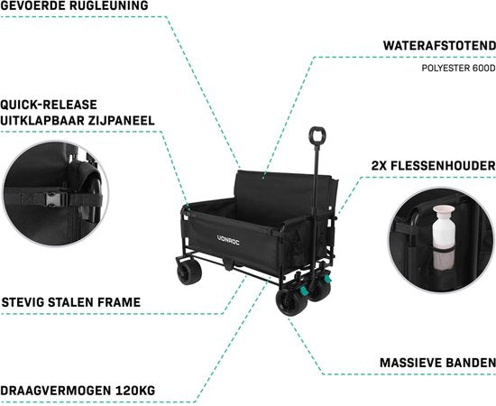 VONROC Wagon - Avec fonction siège - Pliable - Capacité de charge de 120 kg - Capacité de 115l - Roues solides anti-fuites - Cadre en acier robuste - Polyester 600D - Noir