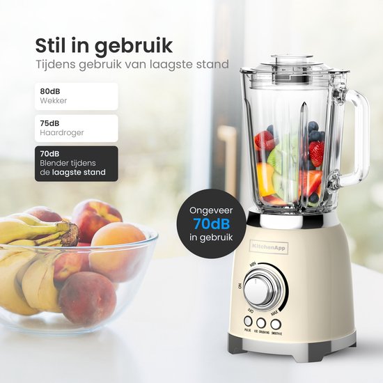 KitchenApp Retro Blender 1.5L - Cruche en verre - 800W - Glace pilée, Smoothie & Pulse - Beige