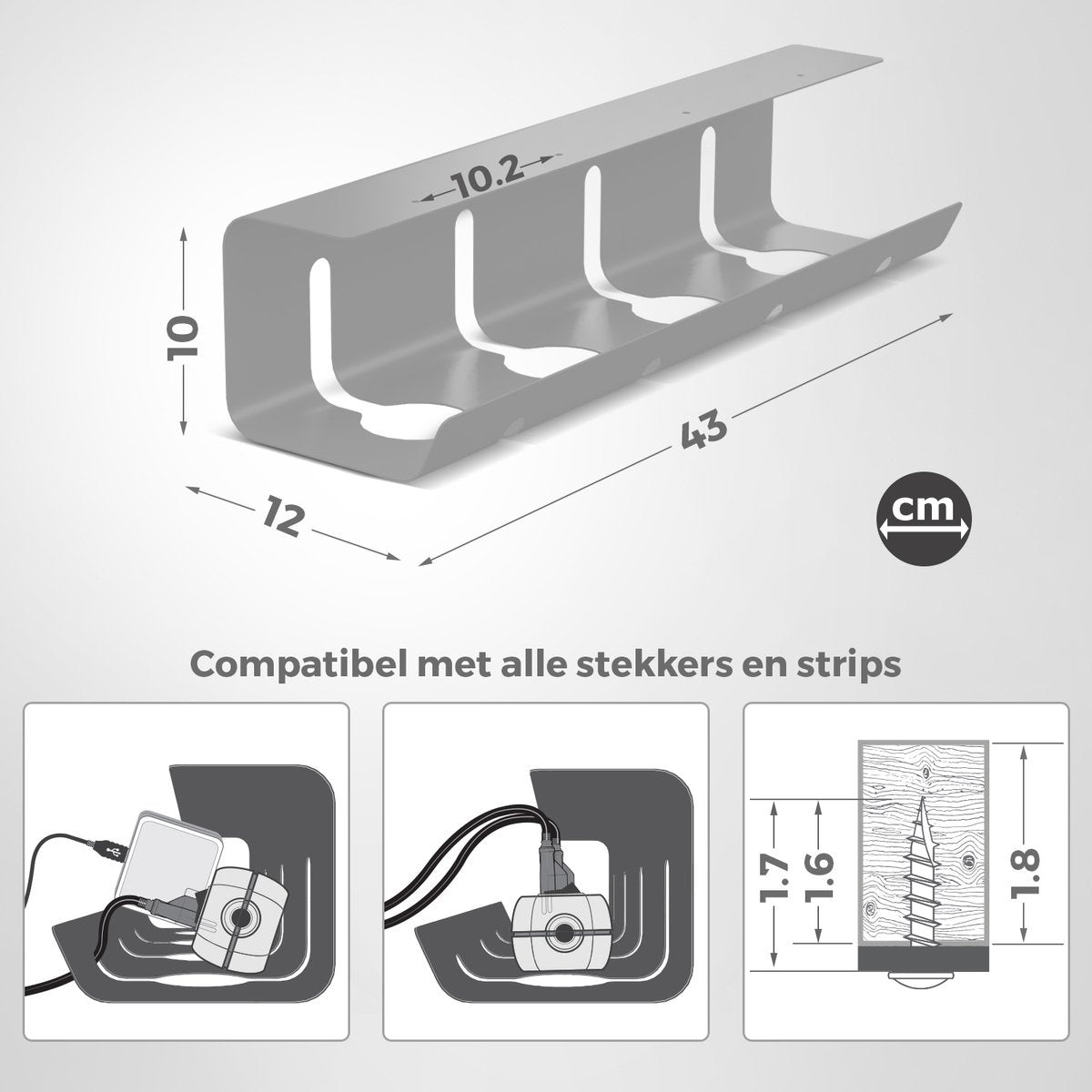 Stilemo Kabelgoot Bureau 2 Delig - Cable Management - Kabelhouder 43 CM - Kabelbox - Kabel Organiser 5 KG Draagkracht - Opberbox Stekkerdoos - Grijs - Incl. Accessoires