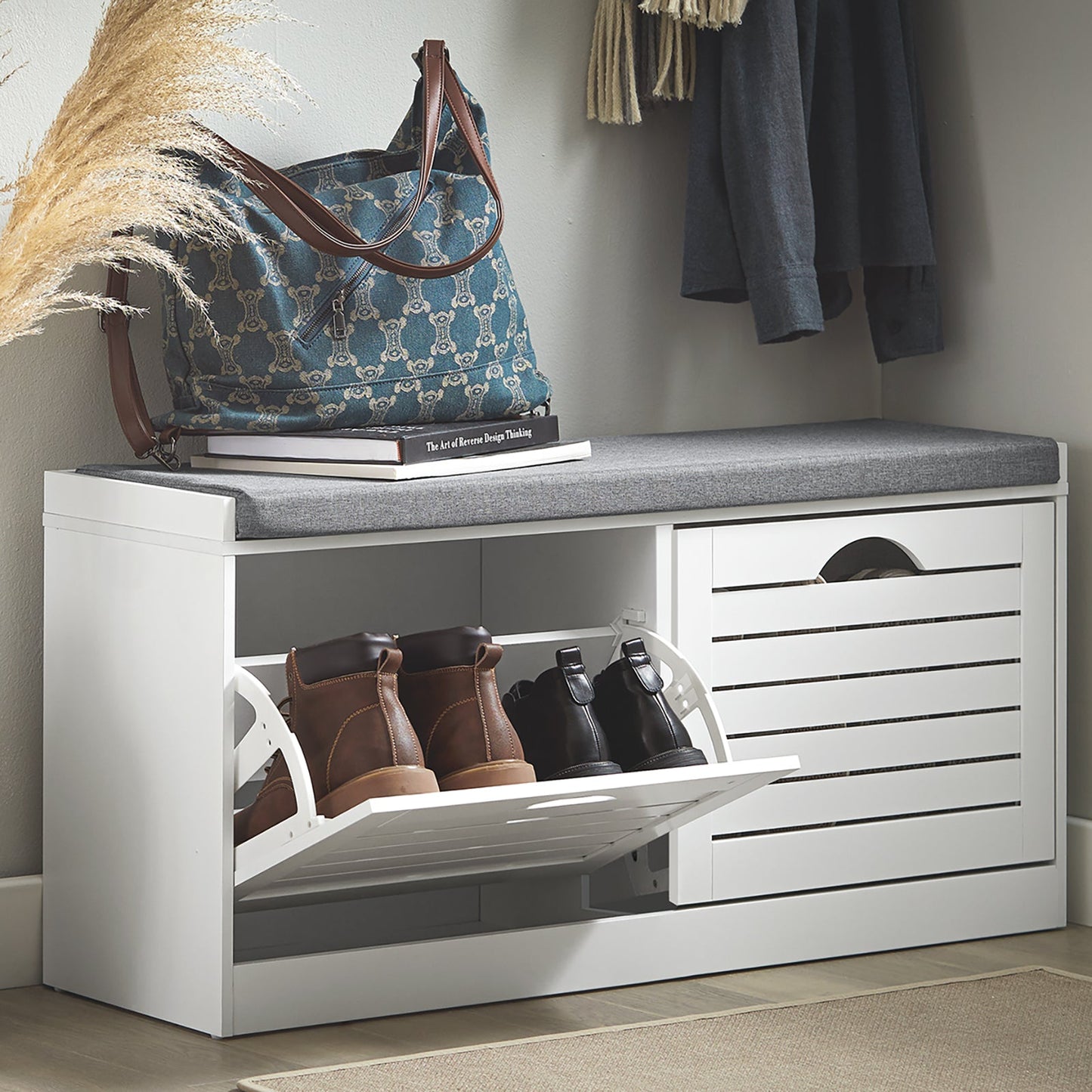Armoire à chaussures SoBuy avec coussin d'assise - 2 volets - 94 x 30 x 47 cm - Blanc