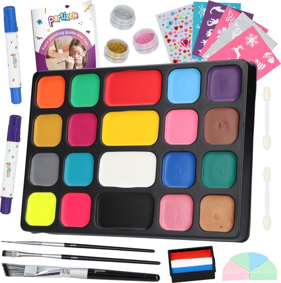 Partizzle Set de peinture pour le visage à base d'eau - Livre de peinture pour le visage et set de modèles - Pinceaux, éponges, craie pour les cheveux, paillettes bio - Noël enfants - 20 couleurs