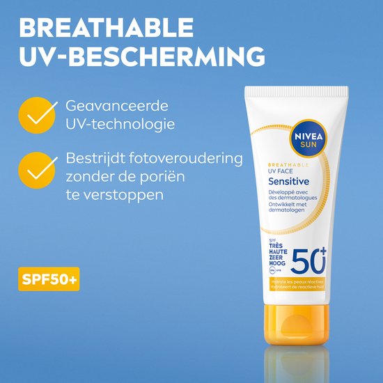 NIVEA SUN UV Face Senstive SPF50+ Sunscreen Face - Pour les peaux sensibles - Formule respirante et non grasse - Sans parfum - 40ml