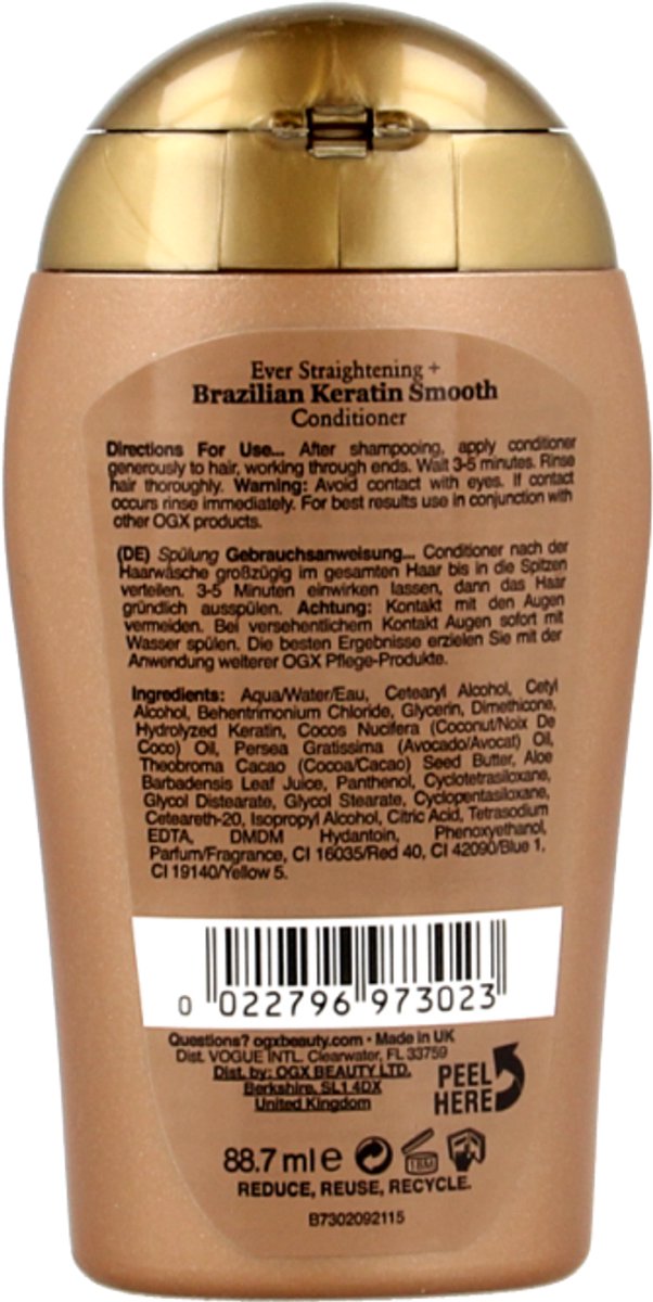 OGX Ever Straight Brazilian Keratin Therapy Après-shampoing - 88,7 ml - Format voyage - À la kératine, à l'huile de coco et à l'huile d'avocat