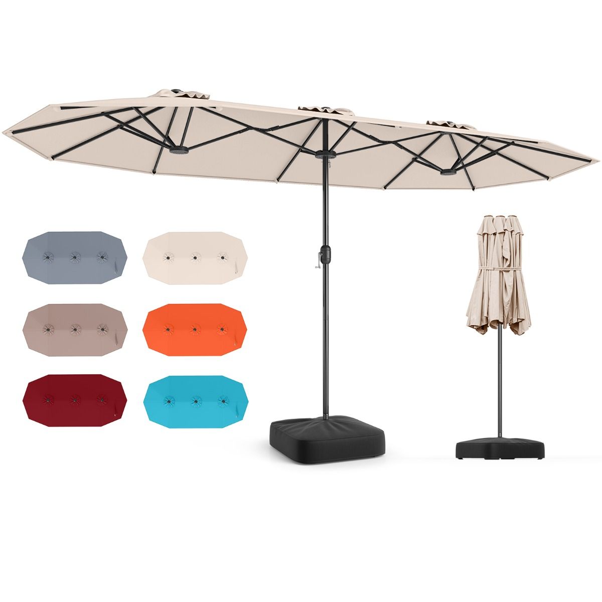 Parasol de terrasse double Coast - très grand format - avec manivelle et pied lesté - beige 400 x 212 cm