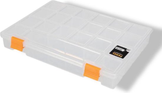 Boîte d'assortiment Perel, 21 compartiments fixes, empilable, 276 x 203 x 42 mm, transparent/jaune