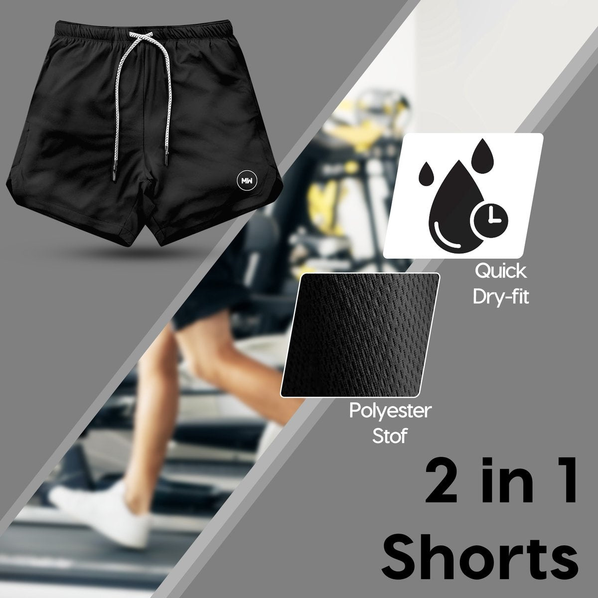 MW® - Pantalon de sport pour homme - Pantalon de fitness - Pantalon de course - Vêtements de sport - Short 2 en 1 - (Noir - L)