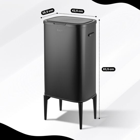 Bayt Poubelle sur pieds - Poubelle 60 litres - Poubelle - Corbeille - Acier inoxydable - Noir - 53L