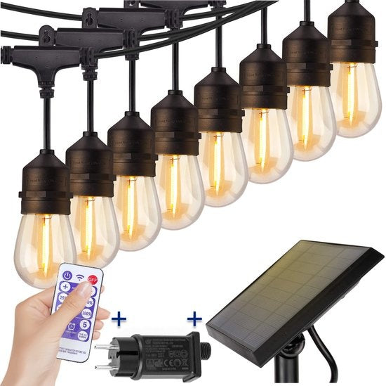 SHINE - Guirlande lumineuse d'extérieur - Guirlande lumineuse à énergie solaire - Cordon d'allumage à leds solaires - Eclairage de fête - Guirlande d'ampoules - Eclairage de jardin - Eclairage d'ambiance classique vintage - 8,3 mètres - 12 ampoules E27 à