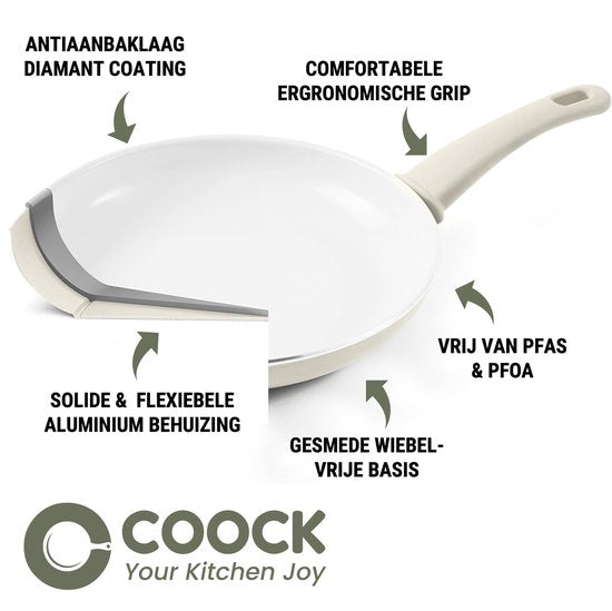 COOCK Batterie de cuisine à induction 19 pièces - Revêtement spécial antiadhésif - Poignées ergonomiques à froid - Aluminium recyclé - Ensemble de poêles à frire - Ensemble de casseroles - Blanc - Sous-verres et livre électronique inclus
