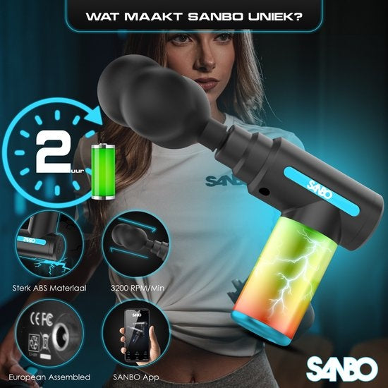 Sanbo Massage Gun Mini - Appareil de massage sportif et de relaxation - puissant - sans fil - étui inclus - avec 5 accessoires - noir/bleu - Massage Gun Professional
