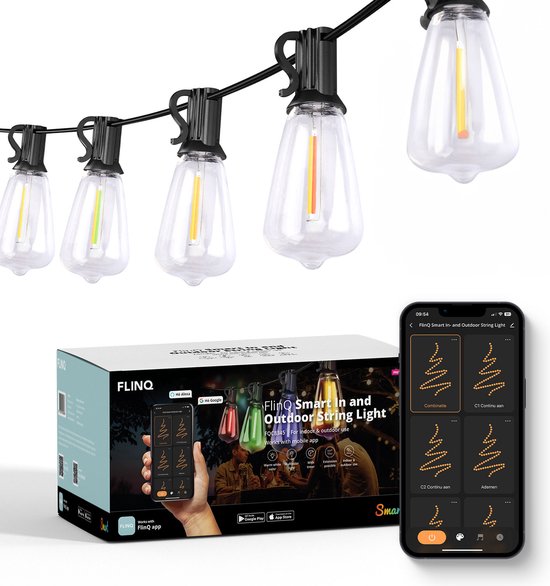 FlinQ Smart Light String Premium - Guirlande lumineuse LED pour l'extérieur - Eclairage de jardin - Cordon de 15 mètres - Guirlande avec lumières RGB - Atmosphere Lights / Partylights - Party Lights