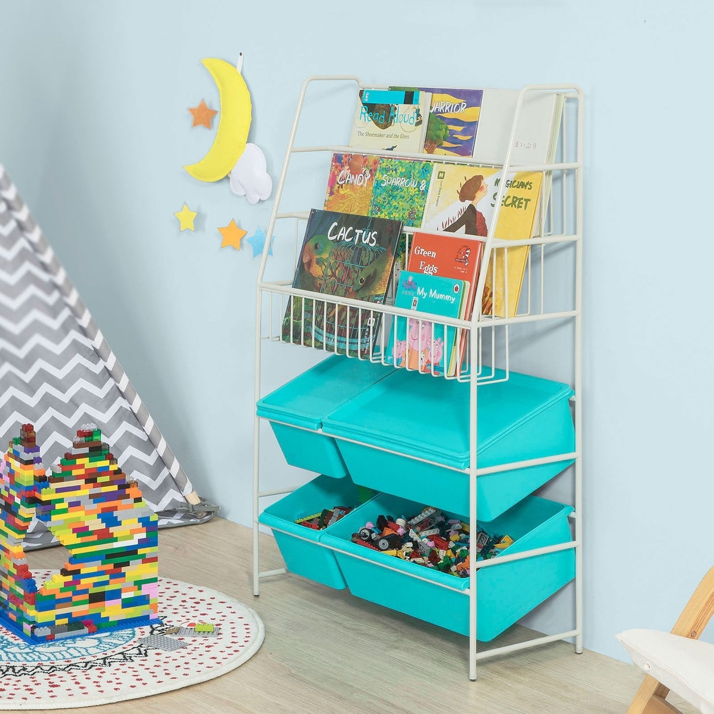 SoBuy Rack de rangement pour enfants - Avec bibliothèque - Max. 50 kg - 61 x 25 x 102 cm - Bleu / Blanc