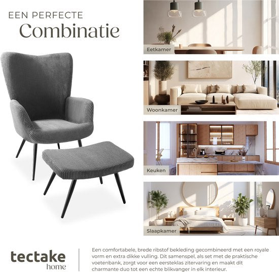 tectake® Ear Armchair with Hocker - Fauteuil scandinave Teddy Bouclé - Chaise de salon et de séjour - Pieds en métal noir - Capacité 150kg - Velours côtelé - Gris