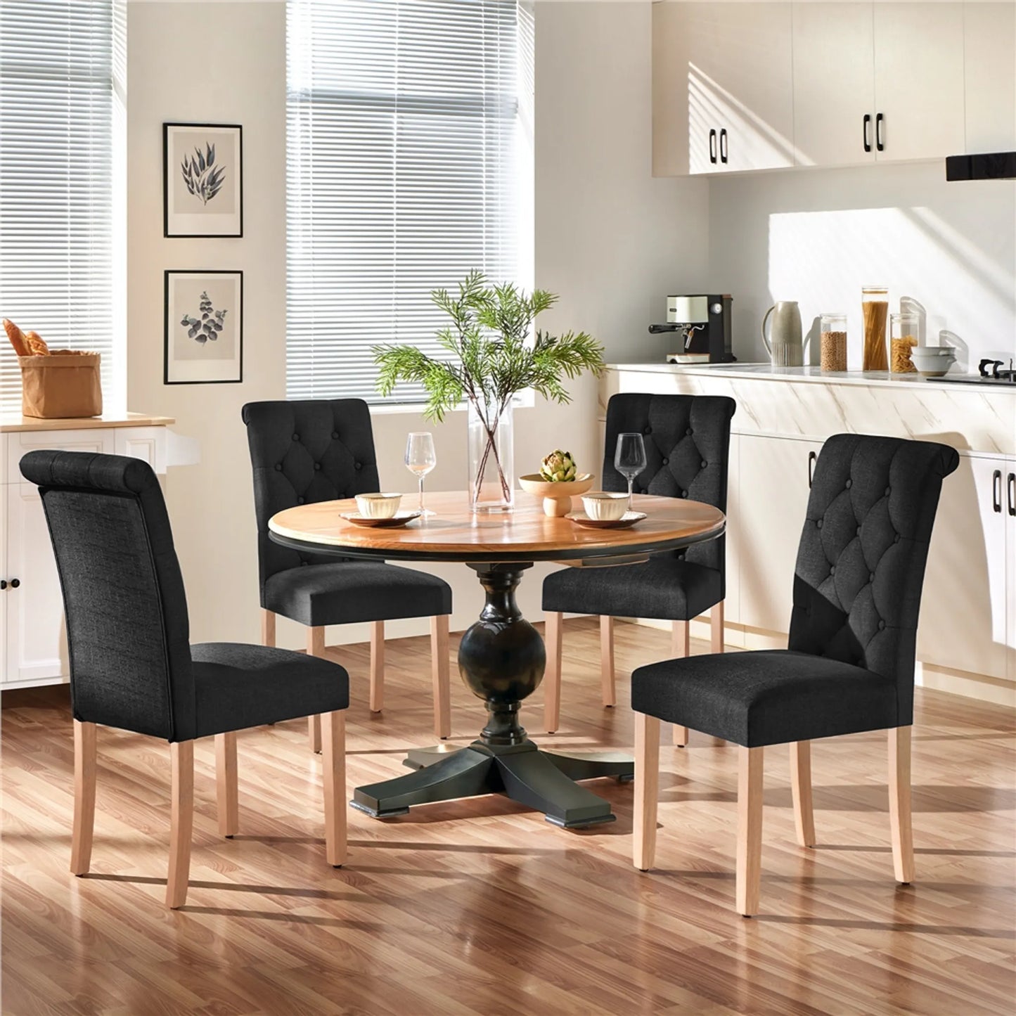 Yaheetech Chaise de salle à manger à dossier haut 2 pièces - avec dossier rembourré et pieds en chêne massif et pieds protecteurs réglables - pour cuisine et restaurant - polyester noir et chêne - 45,5 x 62 x 98,5 cm