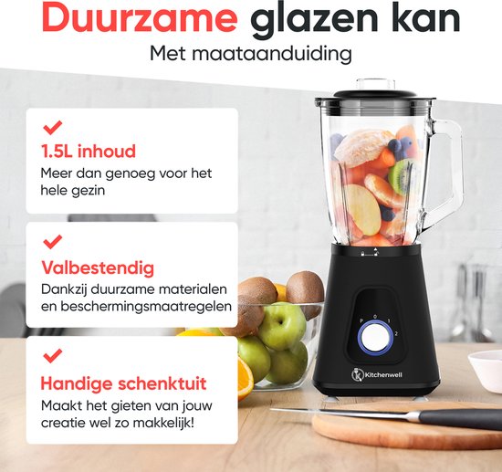 Blender - Kitchenwell - Puissant mixeur à smoothie de 1300 watts - 1,5 litre - gobelet en verre - Gobelet de sport inclus - acier inoxydable - Noir