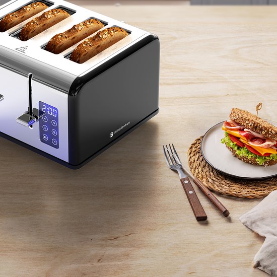 KitchenBrothers Toaster - Grille-pain - 6 niveaux de chaleur - 4 fentes extra-larges - écran tactile - 1630W - acier inoxydable/noir