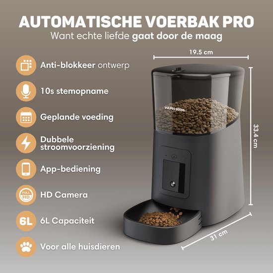 Vulpes Goods® Pets - Mangeoire automatique - Chat et chien - Mangeoire avec application - Distributeur de nourriture - 6L - Noir - Version PRO
