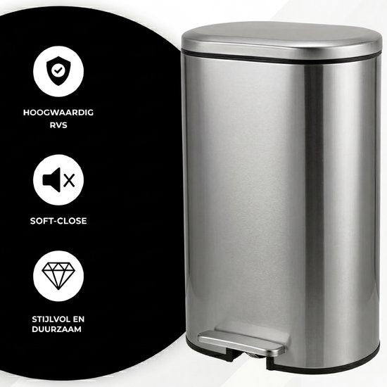 Poubelle Bayt - Poubelle à pédale 50 litres - Poubelle 50 litres - Poubelle 50 litres - Poubelle pour le tri sélectif - Poubelle en acier inoxydable - Argent