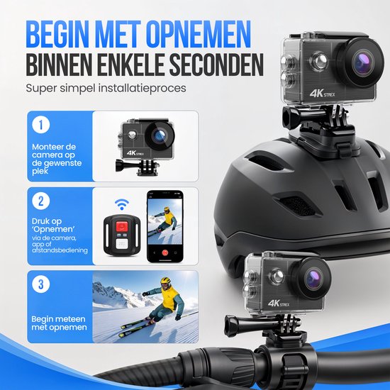 Caméra d'action Strex 4K 30 MP - Étanche jusqu'à 30 mètres, stabilisation EIS et application Wi-Fi - Caméra sous-marine étanche à 60 images par seconde - Caméra corporelle - Caméra d'action