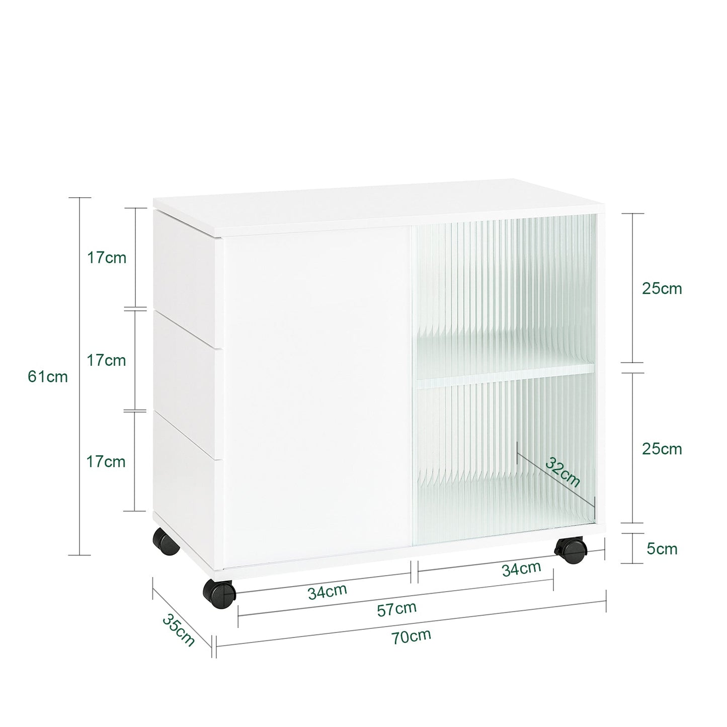 SoBuy Buffet à roulettes FBT141-W - 3 tiroirs - 70 x 35 x 61 cm - Blanc