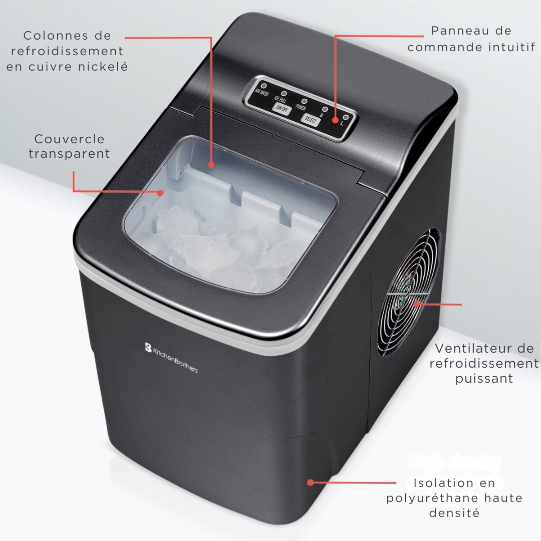 Machine à glaçons compacte et silencieuse KitchenBrothers - 2 litres - avec pelle à glace - Noire