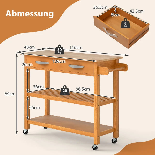 Coast Kitchen Trolley Wood - Étagère de cuisine mobile avec 2 tiroirs et 2 étagères - 106 x 43 cm