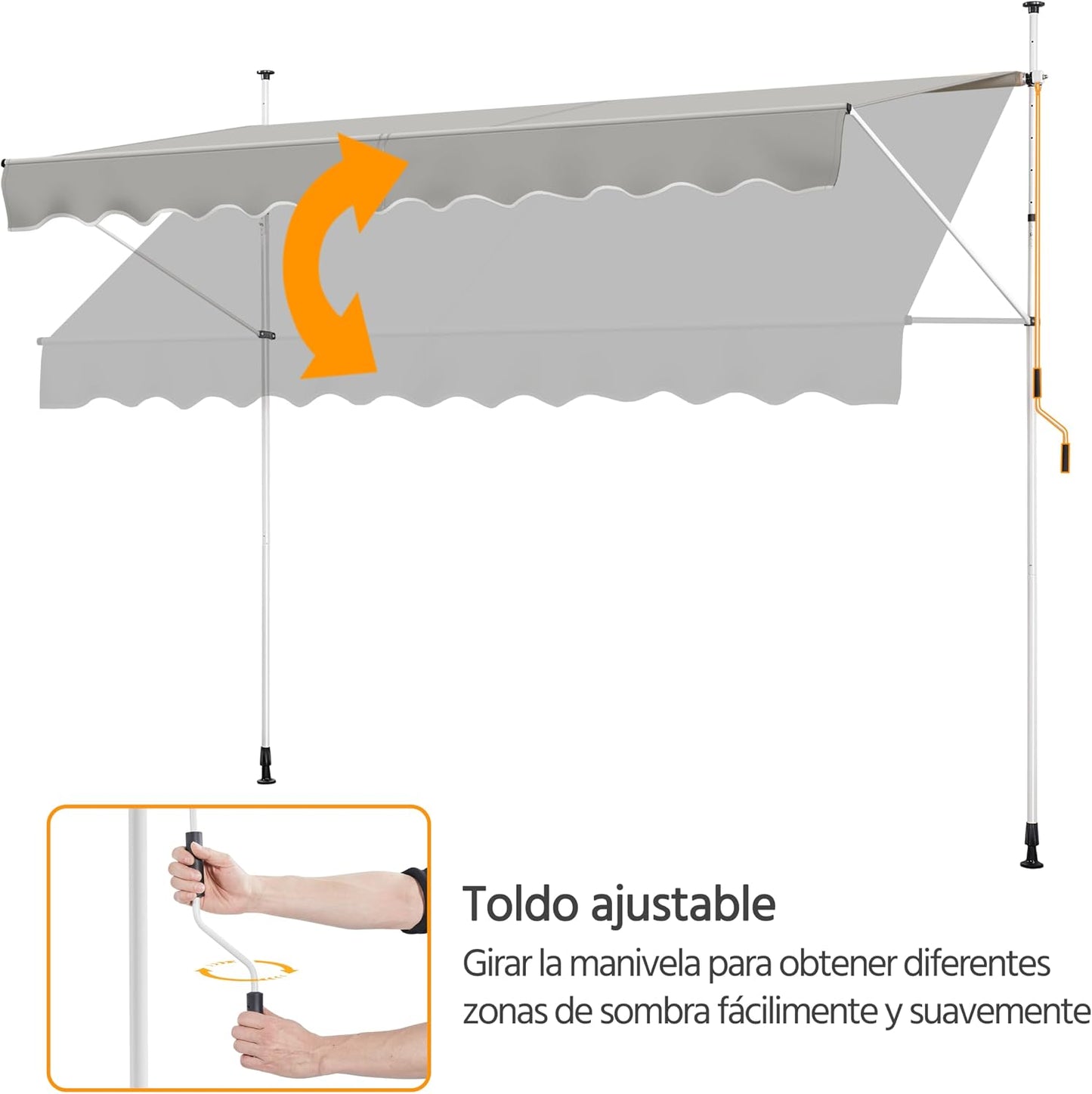 Store extensible Yaheetech 300 cm - Gris clair - Store réglable sans perçage pour balcon et terrasse