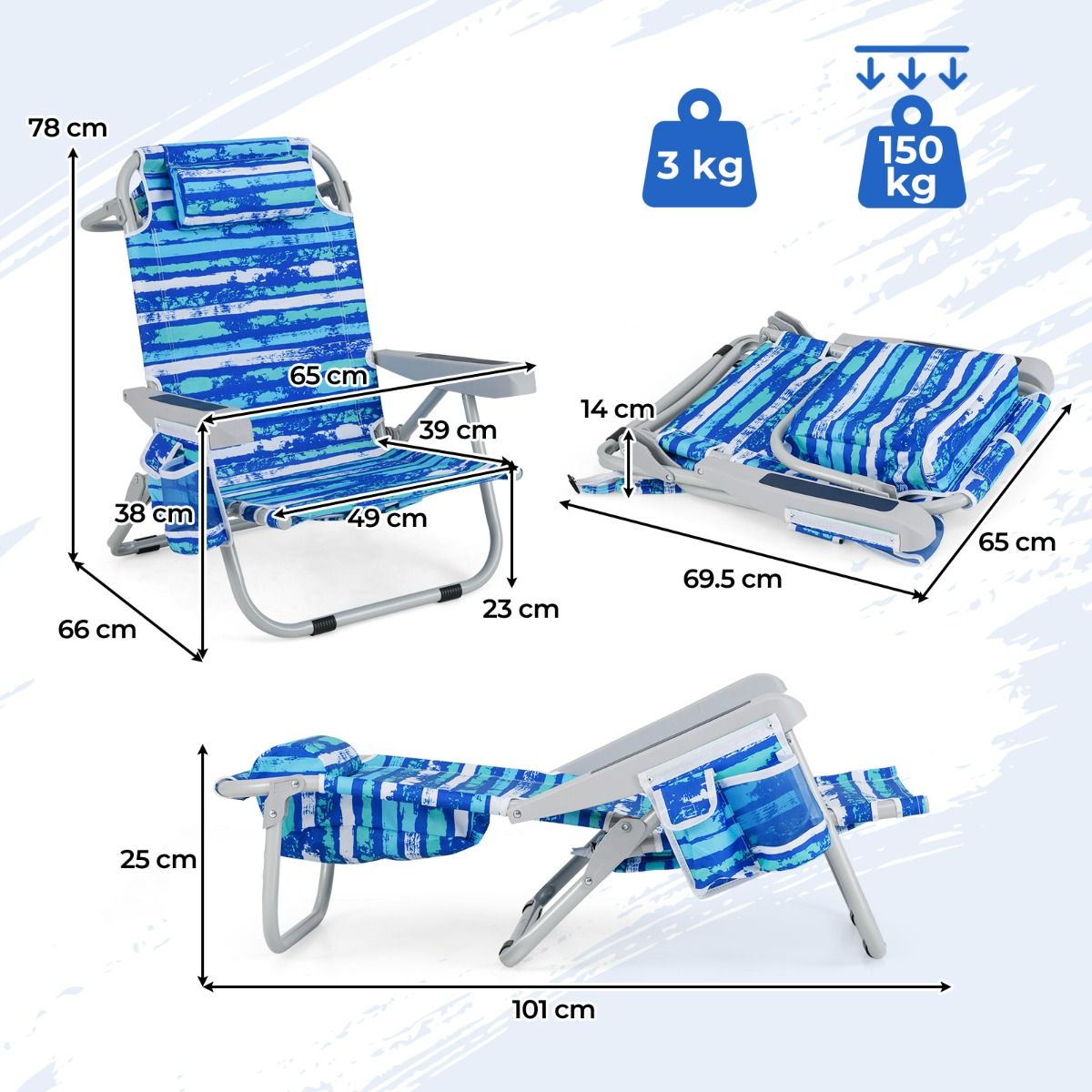 Chaise de plage pliable - Bleu marine - 5 positions d'inclinaison - 150 kg - Avec porte-gobelet et compartiments de rangement