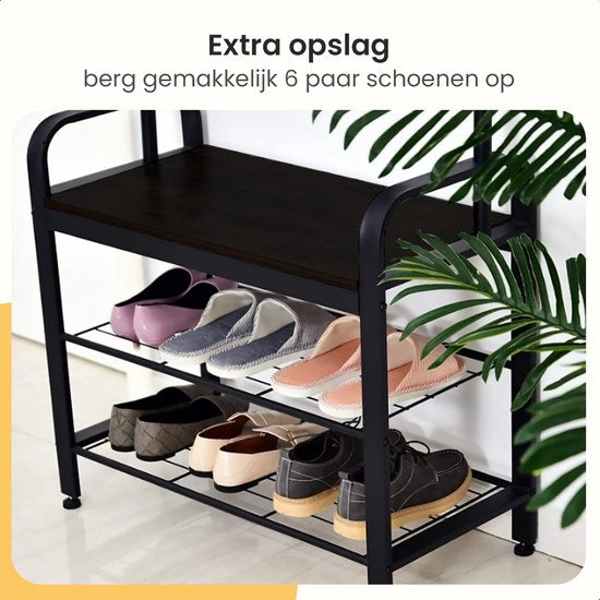 Goliving Porte-manteau - Porte-penderie - Meuble d'entrée - Porte-chaussures - Meuble à chaussures - Meuble industriel - Métal/Bois - 72 x 34 x 183 cm - Noir