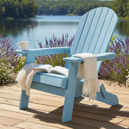 Chaise AXI Claire Adirondack bleue – Chaise de jardin en plastique avec accoudoirs – Pliable – Dossier haut – Chaise de jardin – 84,5 x 77 x 95,5 cm – Durable et résistante aux intempéries