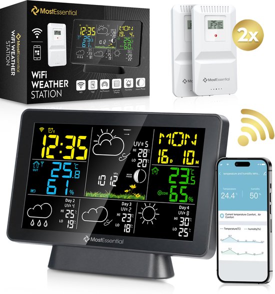 MostEssential Station Météo Wifi Edition - Station météo sans fil avec capteur extérieur - Hygromètre - Intérieur et extérieur - Portée de 150 mètres - Application incluse - Noir - 2 capteurs