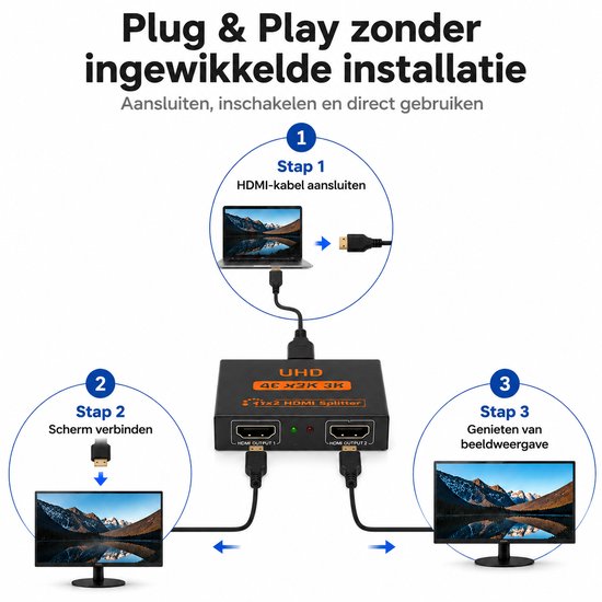 Répartiteur HDMI 1 entrée / 2 sorties - Répartiteur HDMI avec duplication d'image - 1 entrée HDMI vers 2 sorties HDMI - Répartiteur HDMI 4K pour téléviseur, écran et vidéoprojecteur - Plug & Play - Adaptateur HDMI compact noir