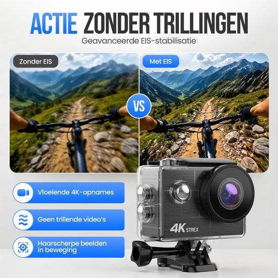 Caméra d'action Strex 4K 30 MP - Étanche jusqu'à 30 mètres, stabilisation EIS et application Wi-Fi - Caméra sous-marine étanche à 60 images par seconde - Caméra corporelle - Caméra d'action