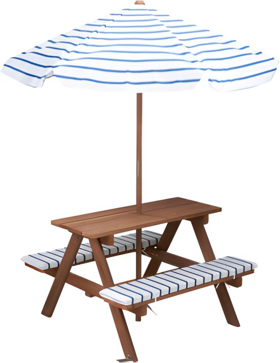 Table de pique-nique Pro Garden pour enfants - bleu/blanc - 75 x 75 cm - bois/polyester - parasol inclus - 2 coussins inclus - ensemble de jardin