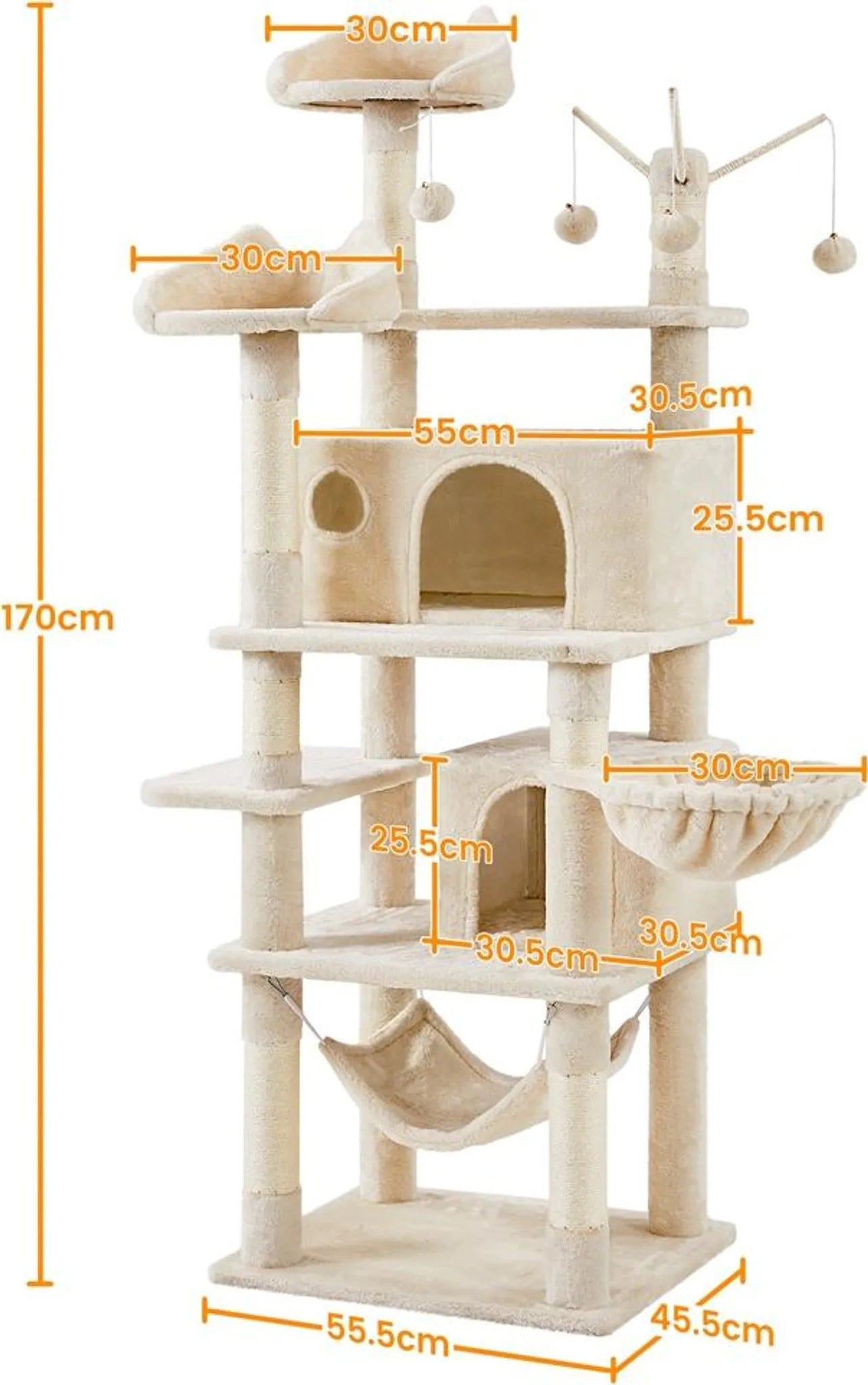 Arbre à chat Yaheetech 170 cm - Beige - XL - 5 niveaux - 2 niches pour chats - Hamac - 7 poteaux à grimper