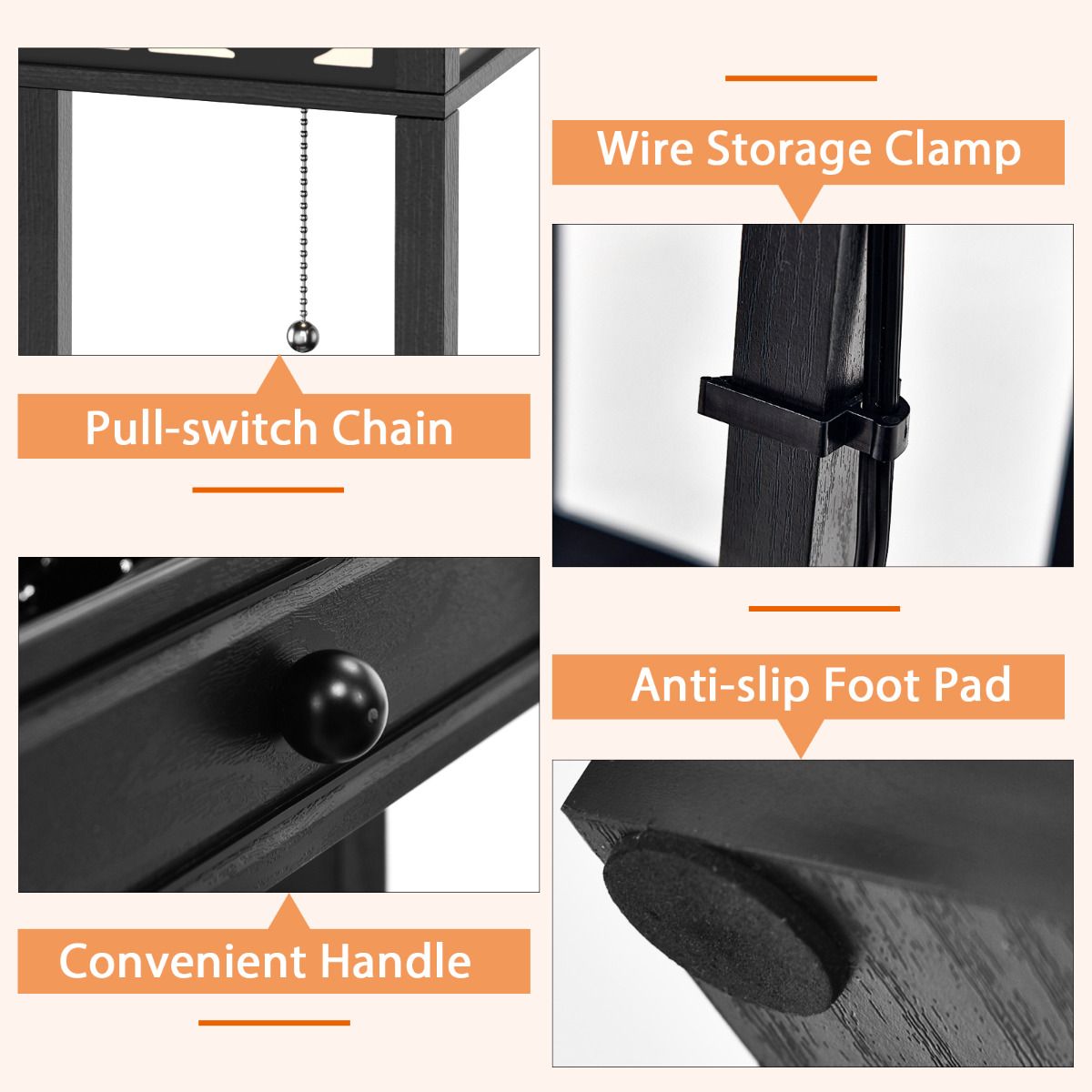 Lampadaire côtier avec 3 compartiments ouverts - 2 ports USB - 26 x 26 x 161 cm - Noir