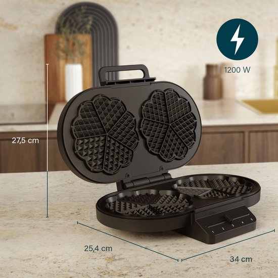 Princess 132384 Gaufrier double - 10 gaufres en forme de cœur - 1 200 W - Thermostat réglable - 5 positions - Revêtement antiadhésif - Sans PFAS - Noir - Gaufrier