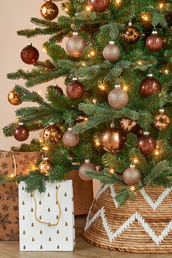 Mica Decorations : lot de boules de Noël en verre - Boules de Noël brillantes et pailletées - Décorations de Noël pour le sapin - Pointe pour le sommet du sapin - Lot de 42 pièces - Ø 7 cm - Marron