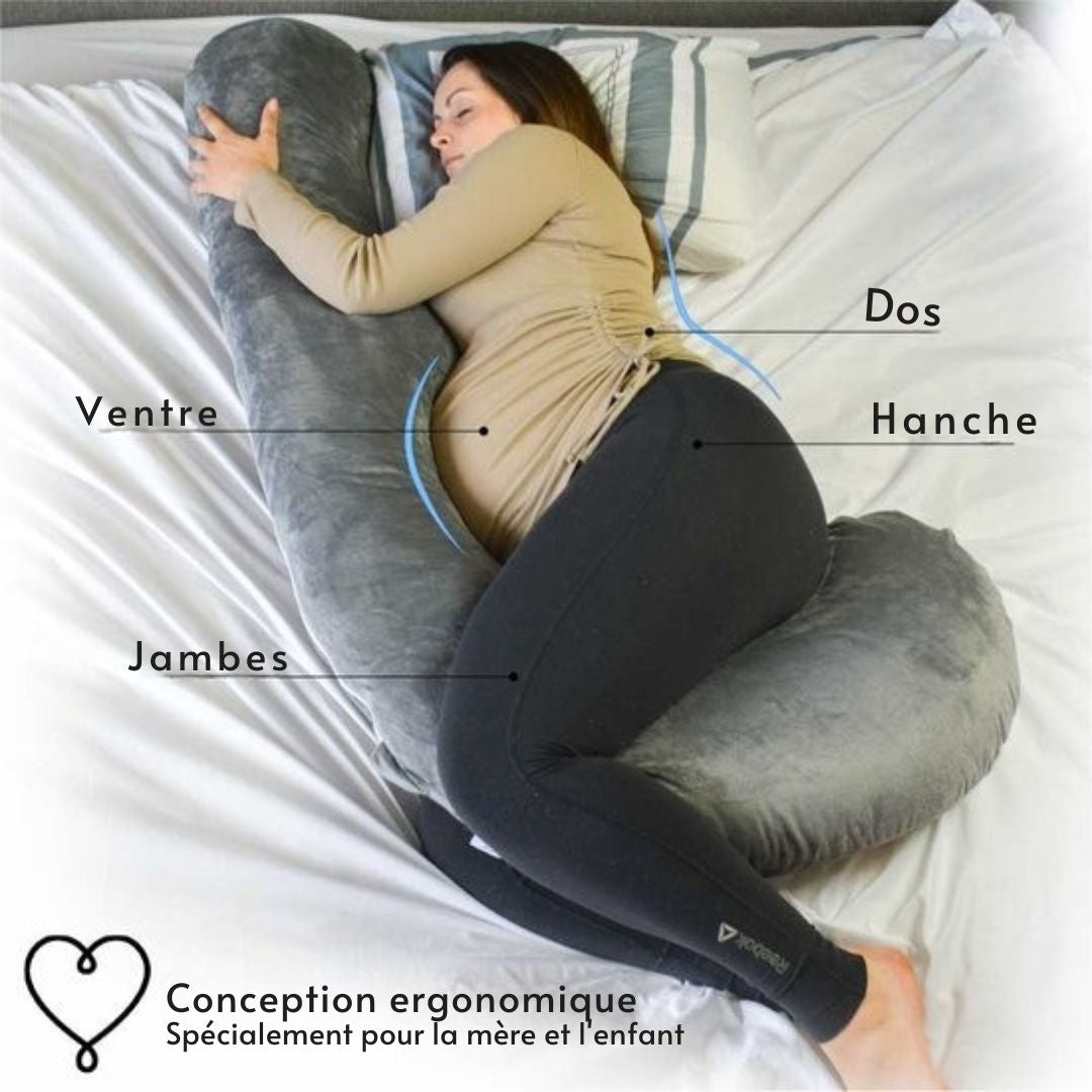 Oreiller de grossesse en forme de J - Ella® - Soutien optimal - confort pour le corps et l’allaitement - housse amovible en polaire Minky -155 cm - Gris