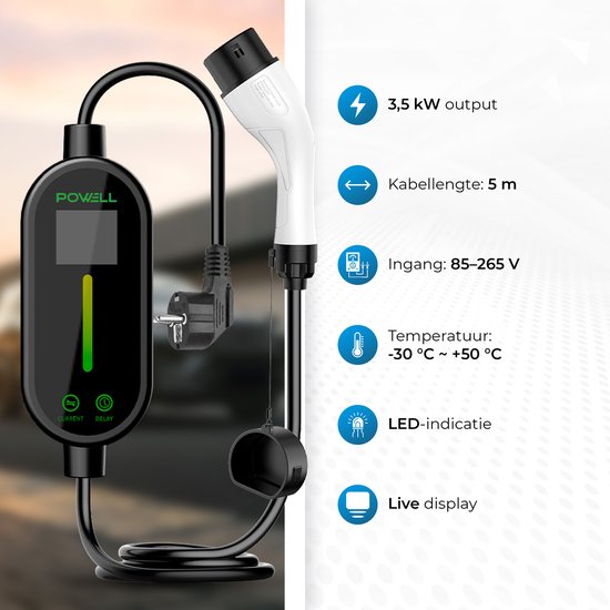 Powell Charging Cable Type 2 - Chargeur domestique mobile Type 2 - 3,5kW - IP67 Waterproof - Câble de 5 mètres - Sac de rangement inclus - Waterproof - Noir/Blanc