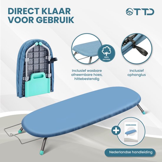 TTD® Table à repasser pliable sans ligne de pliage - Comprend une planche à manches et une boucle de suspension - Mini table à repasser avec porte-fer - Table à repasser de table pliable - Petite table à repasser pliable