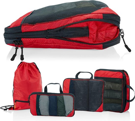 Cubes d'emballage avec compression pour la valise et le sac à dos, sac de transport inclus, rouge
