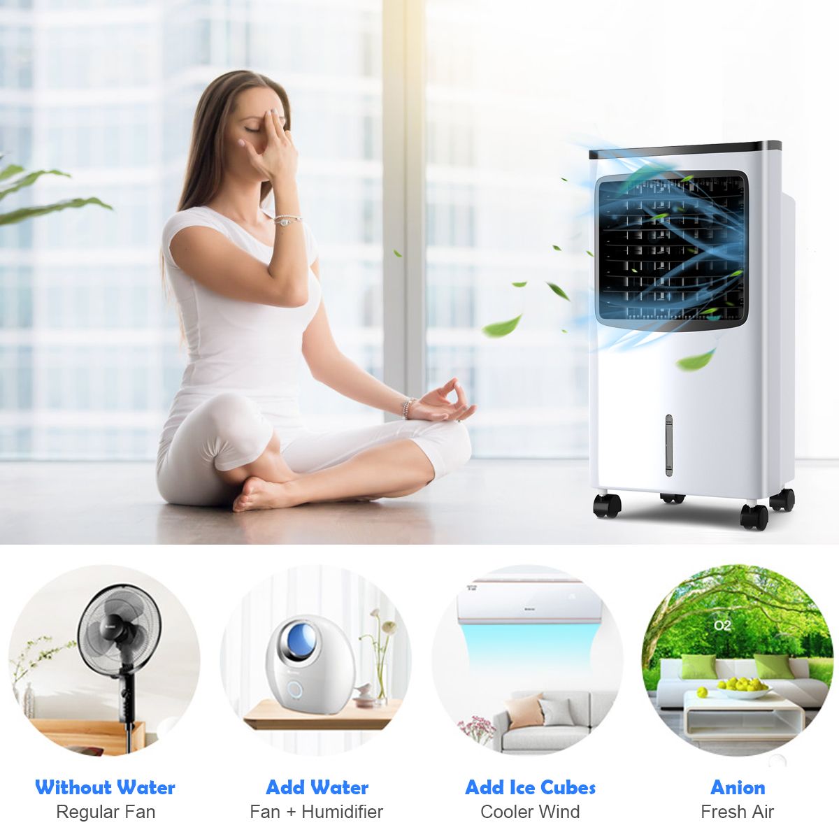 Climatiseur portable Coast - Climatiseur par évaporation 4-en-1 - Réservoir d'eau de 8 litres - Oscillation à 70° - Noir/blanc