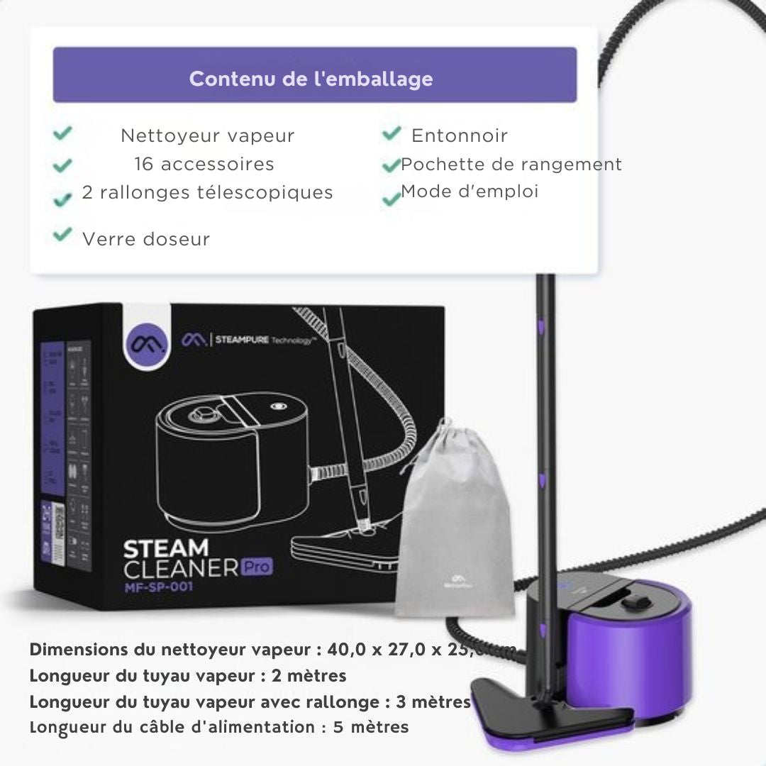 Nettoyeur de tapis et de taches Motionflow - 1500W 1.5L réservoir d'eau - vapeur à main - nettoyage en profondeur des sols, canapés, salles de bain et tapis - violet