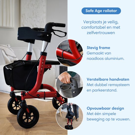 Safe Life® Rollator léger et pliable - fonction assise - pour l'intérieur et l'extérieur - dossier et support de canne - Rouge