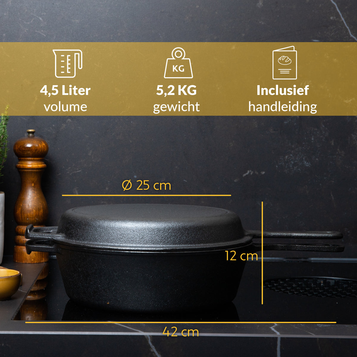 Chefarone Cast Iron Pan - 2-in-1 Casserole - Couvercle inclus - Convient à toutes les sources de chaleur