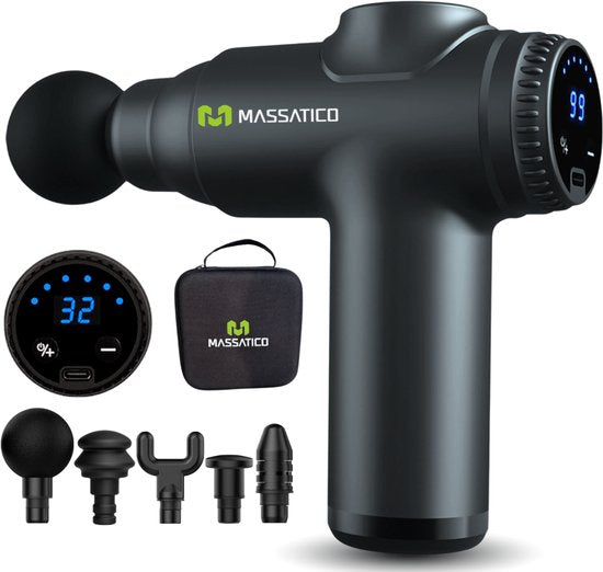 Massatico Massage Gun Compact - Appareil de massage professionnel et puissant - Appareil de massage / Pistolet de massage - Noir - 5 embouts - 32 réglages - Avec mallette