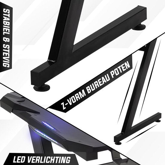 Bayt Game Desk - Bureau de jeu - Bureau de jeu avec LED - Table d'ordinateur - 120 x 60 x 75 cm - Noir