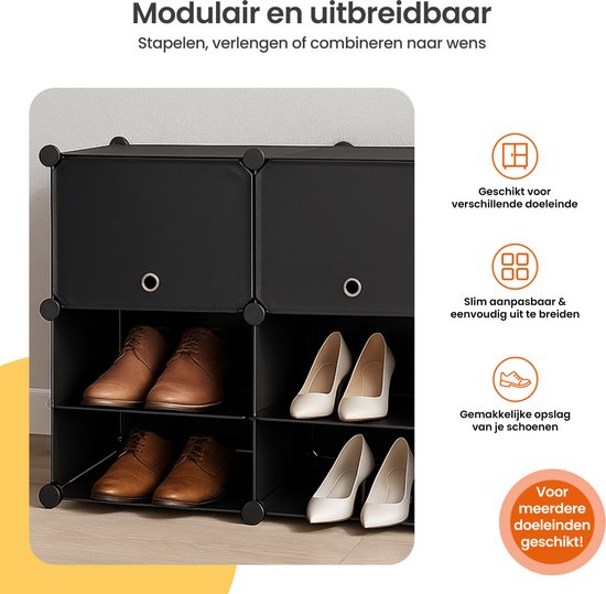 Meuble de rangement pliable Goliving - 24 paires - 92 x 82 cm - Meuble à chaussures - Meuble à chaussures avec portes - Banc à chaussures - Noir